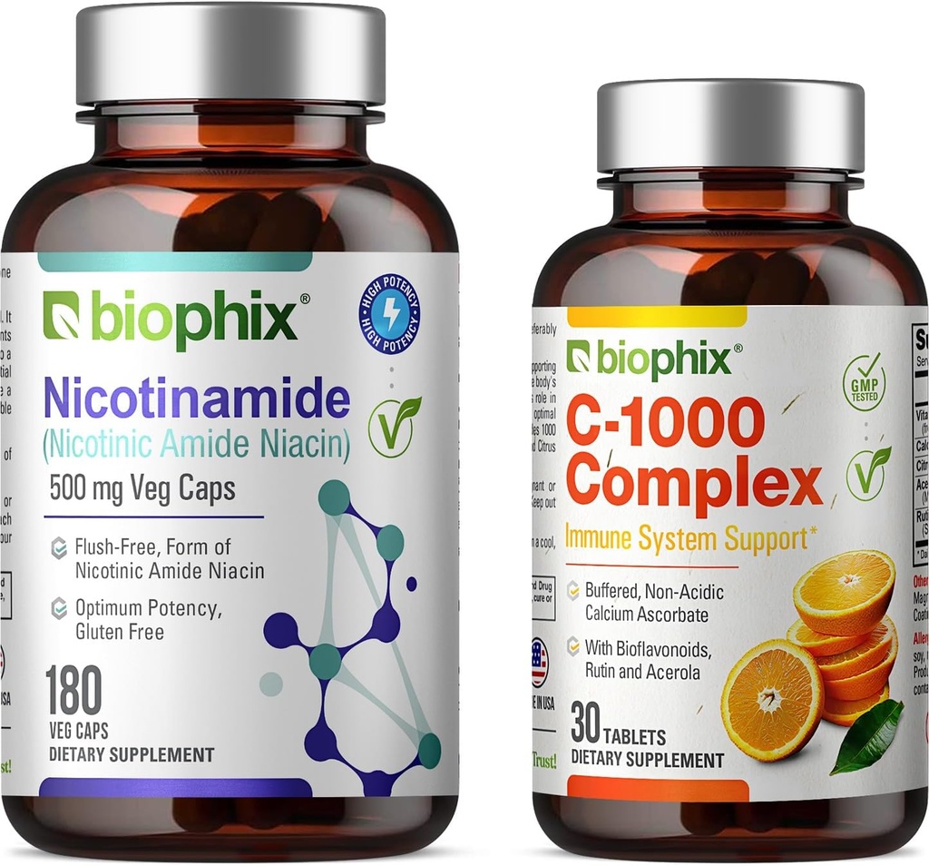 Biophix B-3ニコチンアミド500mg 180 Vcaps - 無料のビタミンC-1000 30錠 - ニコチンアミドナイアシンナチュラルフラッシュフリービタミン式 - 皮膚細胞の健康をサポート