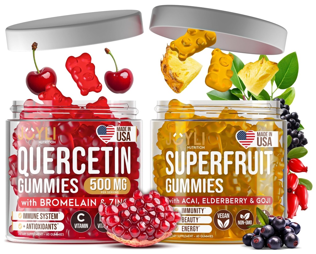 Joyli Quercetin&Superfruit Gummies バンドル – 免疫 & 抗酸化サポート – ビーガンマルチビタミンフォーミュラ ビタミンA、C、D、E、亜鉛、ゴジ&エルダーベリー – 大人2パック