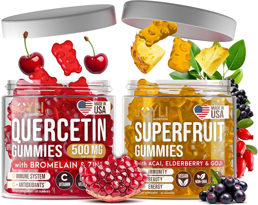 Joyli Quercetin&Superfruit Gummies バンドル – 免疫 & 抗酸化サポート – ビーガンマルチビタミンフォーミュラ ビタミンA、C、D、E、亜鉛、ゴジ&エルダーベリー – 大人2パック