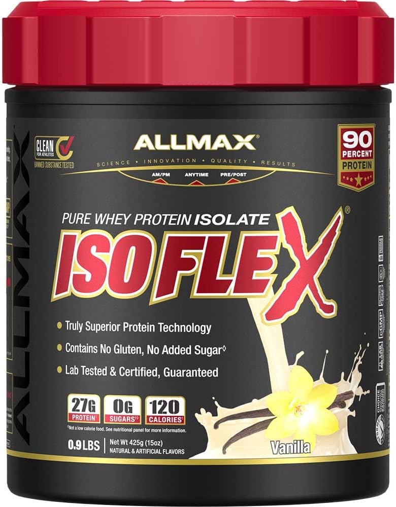 ALLMAX ISOFLEX 乳液プロテイン アイソレート、バニラ - 1 lb - 27 タンパク質ごとのグラム - ゼロ脂肪と砂糖 - 99% 乳成分フリー - グルテンフリー&大豆無料 - 約。 15 サービング
