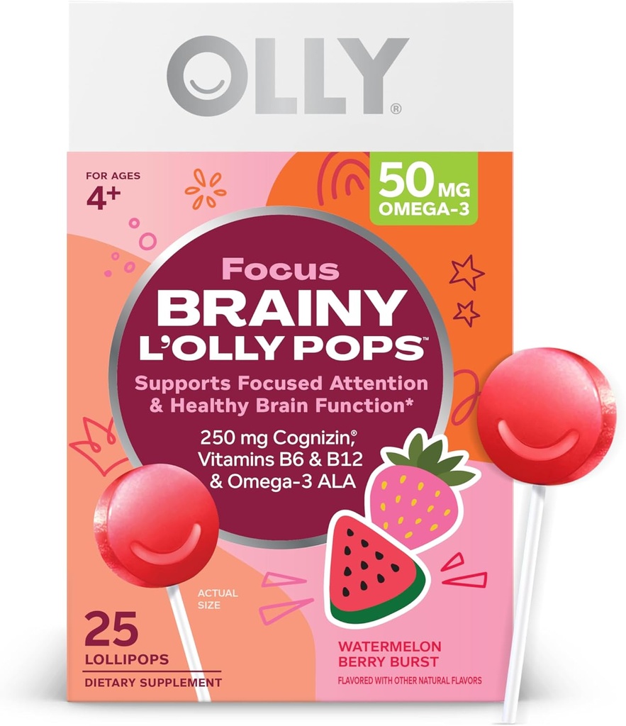 OLLY 焦点Buddies L’OLLY Pops, Cognizin, Vitamins B6 と B12, Omega-3 ALA, サポートフォーカスされた注意と健康な脳機能,* キッズ 4 + 栄養補助食品, Watermelon Strawberry Flavored, 25 カウント