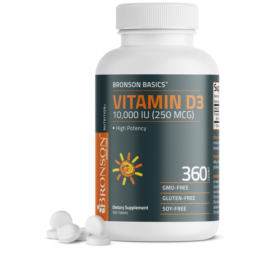 BronsonのビタミンD3 10,000iu (250mcg)健康な筋肉機能および免疫サポート、非GMO、360のタブレットのための1年の供給