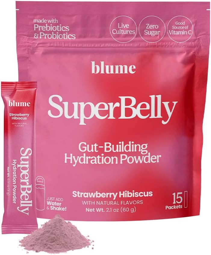 Blume New SuperBelly Gut Health and On-The-Go Hydration Packets, Sugar-Free, with Prebiotics, Probiotics, Apple Cider Vinegar, Vitamin C, and Electrolytes, Strawberry Hibiscus, 15 Sticks