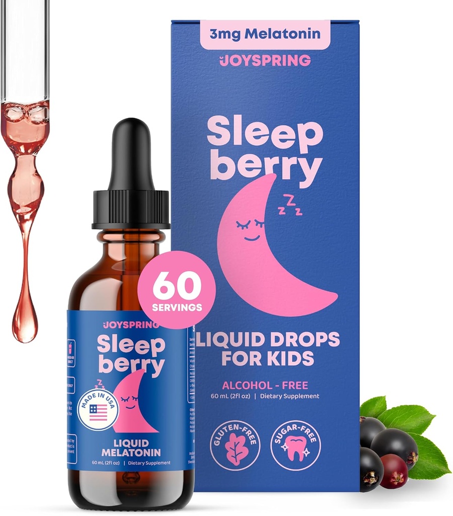 JoySpring Sleepberry Kids Melatonin 3mg - Lテアニン、高吸収ベリードロップ(2 fl oz)60サービング、ビタミンDキッズトラベルエッセンシャル付き子供用メラトニン