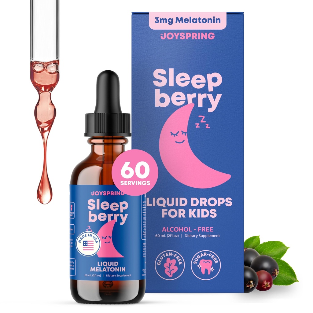 JoySpring Sleepberryキッズメラトニン3mg - Lテアニン、高吸収ベリードロップ(2 fl oz)60サービング、ビタミンDキッズトラベルエッセンシャル付き子供メルトニン