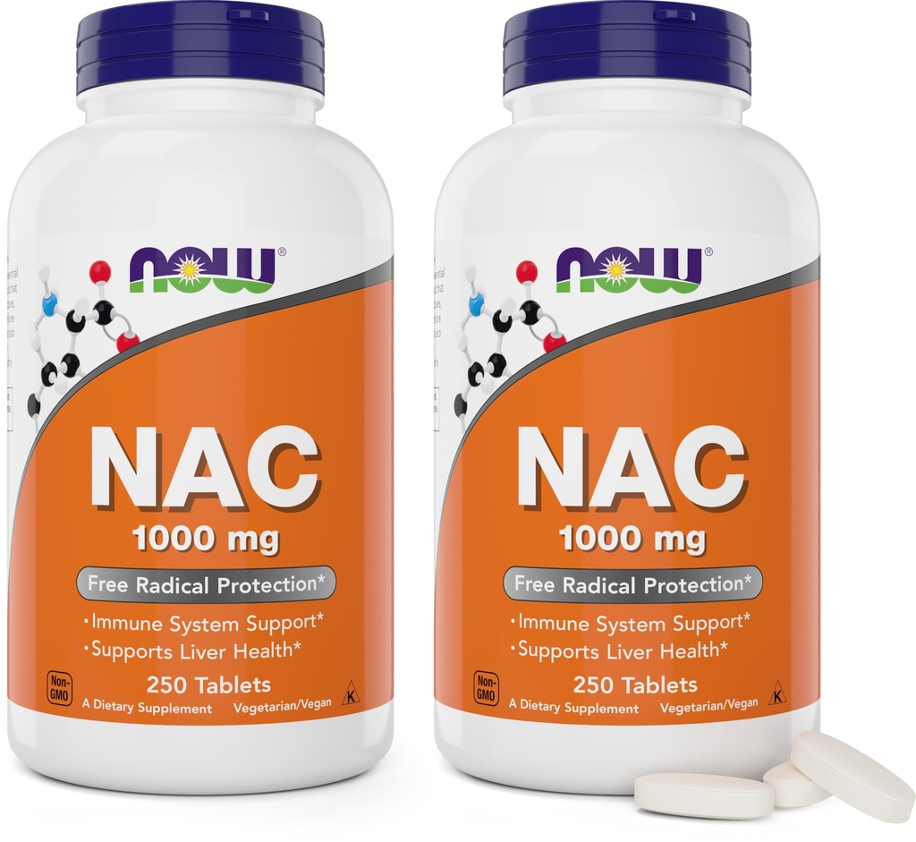 NOW食品NAC 1,000mg、250錠(2パック、NアセチルCysteineサプリメント、1000mg(1グラム)/錠 - ベジタリアン、非GMO