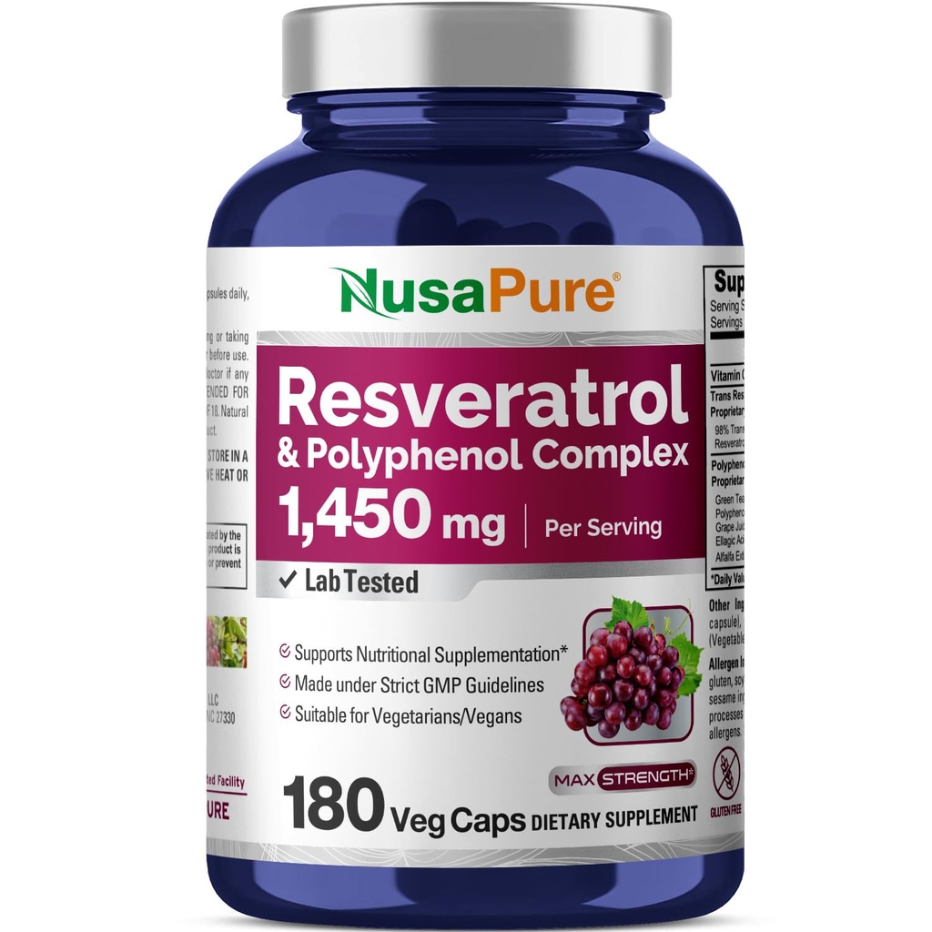NusaPureレスベラトロール&ポリフェノールコンプレックス1450mg 180ベジタリアンキャップ(非GMO、ビーガン)ビタミンC