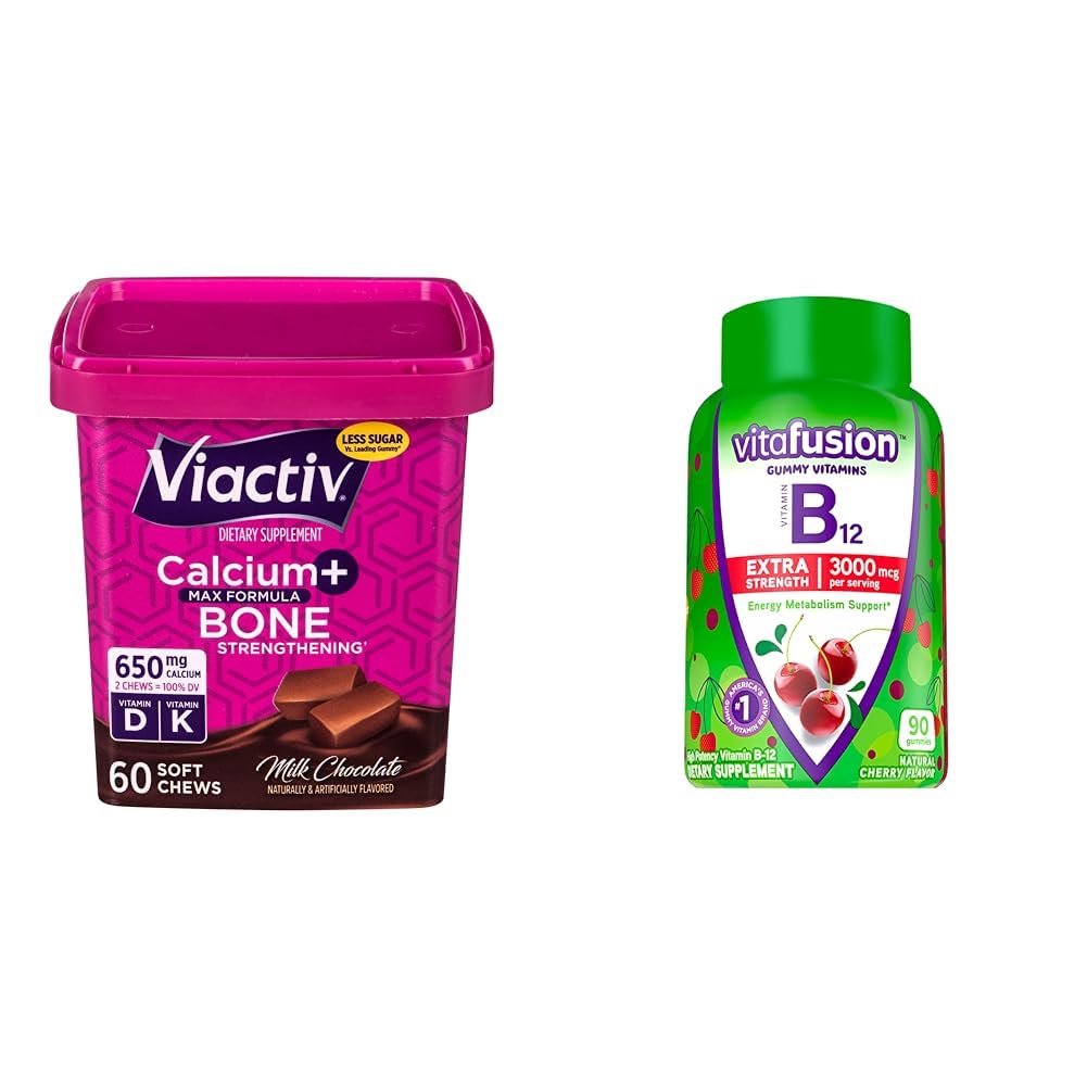 Viactivカルシウム+ビタミンD3の補足の柔らかい咀嚼、ミルクのチョコレート、60の咀嚼及びVitafusionのエネルギー代謝サポートのための余分強さのビタミンB12のGummyのビタミン