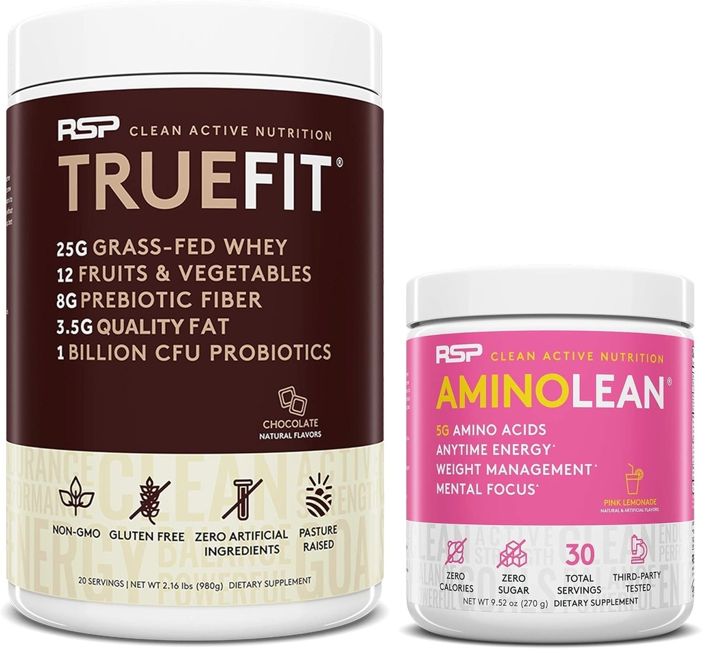 RSP NUTRITION AminoLeanプレワークアウトエネルギー(ピンクレモネード30サービング)とTrueFitプロテインパウダー(チョコレート2 LB)