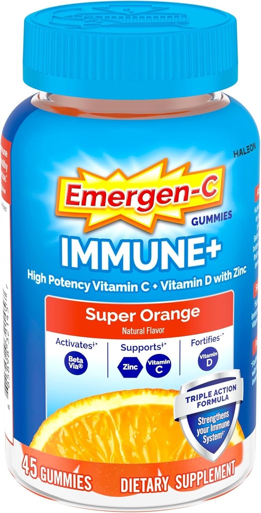 Emergen-C Immune+トリプルアクション免疫サポートガミー、BetaVia(R)、1000mgビタミンC、ビタミンB、ビタミンD、抗酸化剤、スーパーオレンジ、学校に戻ってエッセンシャル - 45カウント