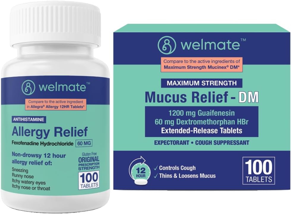 WELMATE総呼吸器の健康の束:アレルギー救助のFexofenadine HCl 60mg (100 Ct) 12時間の非眠気のAntihistamine +最高の強さのMucusの救助DM 1200mg Guaifenesin及び60mg DXM (100 Ct)