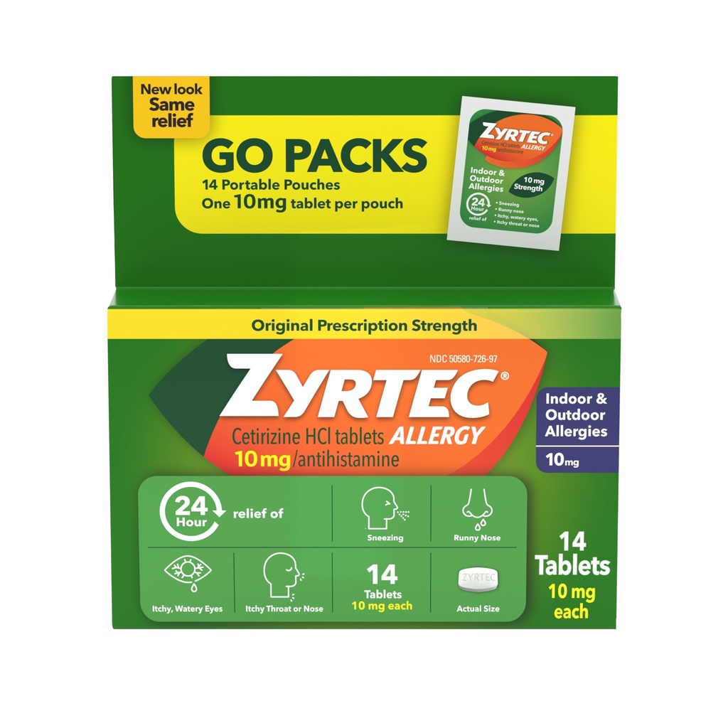 Zyrtec 24時間のアレルギーの救助のタブレット、Antihistamineの屋内及び屋外の反アレルギーの薬+ Cetirizine HClのRannyの鼻からの救助、くしゃくの目、単一のパック、14 x 1のctのパケット