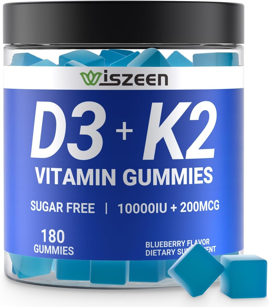 Sugar-Free Vitamin D3 K2 Gummies, Vitamin D3 10000iu & Vitamin K2(MK7) 200mcg with Calcium, Magnesium, Vitamin B12 for Bone Muscle Teeth Immune, Vegan