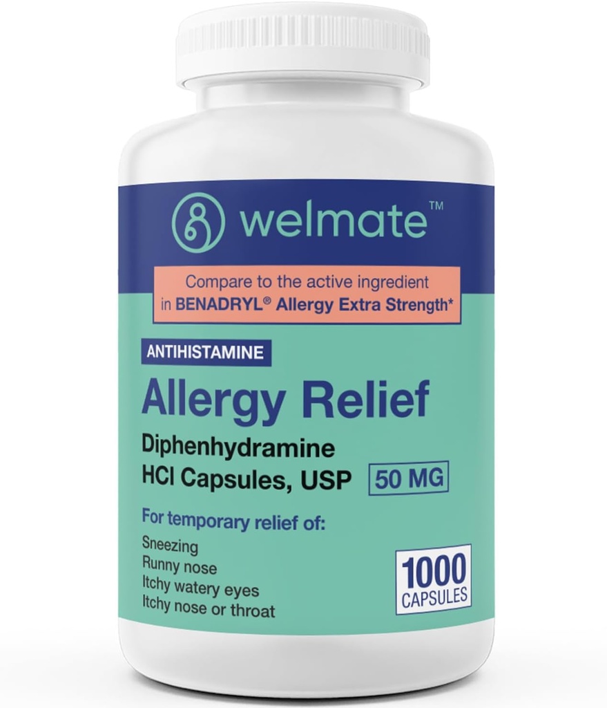 WELMATEアレルギー救済 - ジフェンヒアミン50mg - 1000カウントカプセル - 抗ヒスタミン - アレルギー&風邪症状 - くしゃみ、鼻、かゆみの目と喉