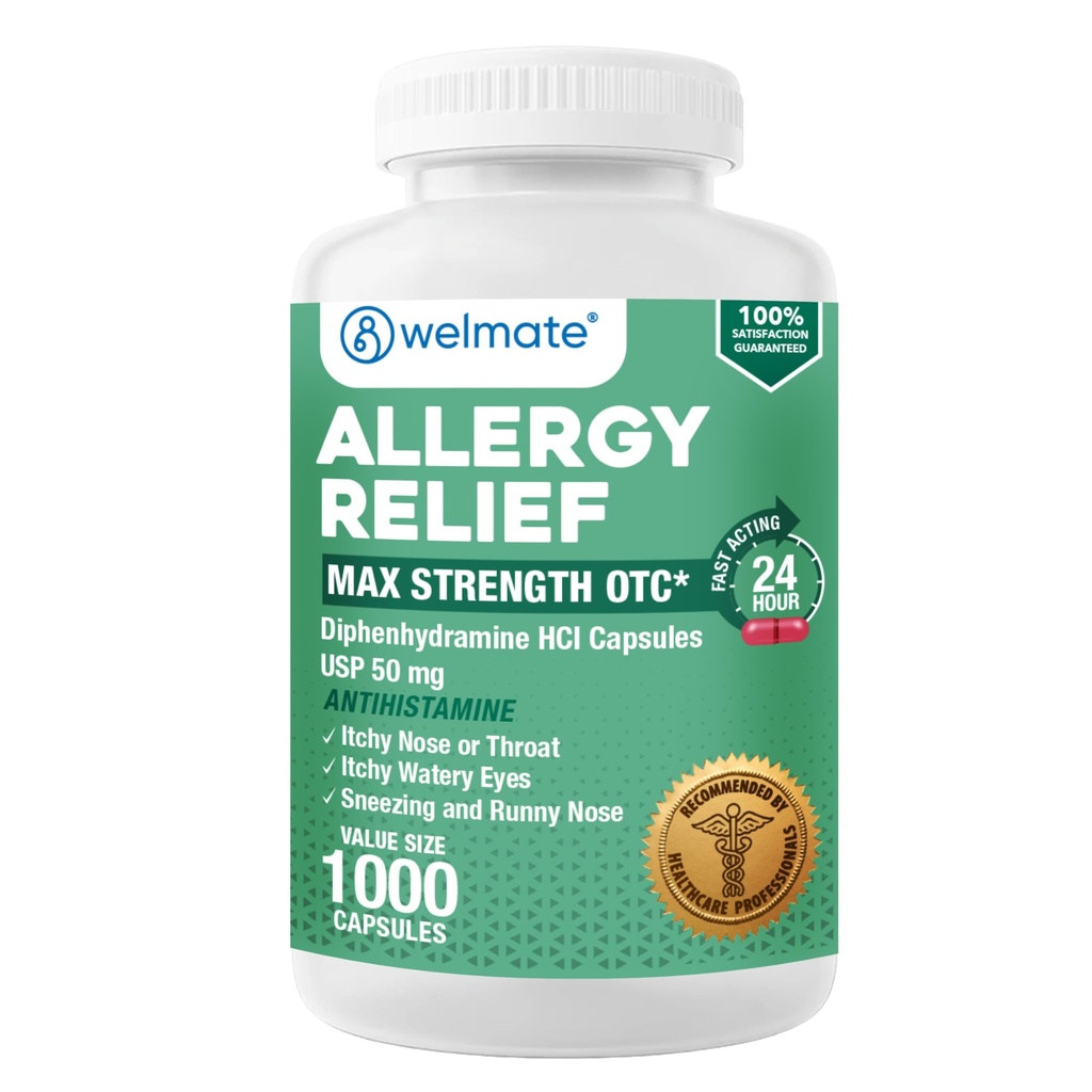WELMATEアレルギー救済 - ジフェンヒアミン50mg - 1000カウントカプセル - 抗ヒスタミン - アレルギー&風邪症状 - くしゃみ、鼻、かゆみの目と喉