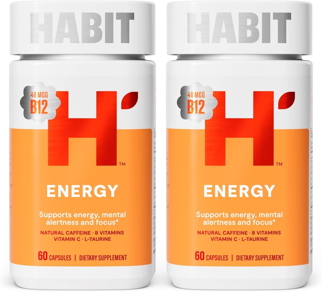 Habit Energy Supplement 2 Pack (120 Capsules) - New Look, Supports Energy, Mental Alertness and Focus, Natural Caffeine, Vitamins B & C, Green Tea Extract, Vegan, Non-GMO