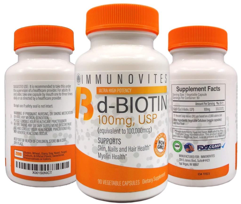 免疫3パック高用量ビオチン(d-Biotin、USP)100mg(100,000mcg相当)90カプセル、高効力(3)