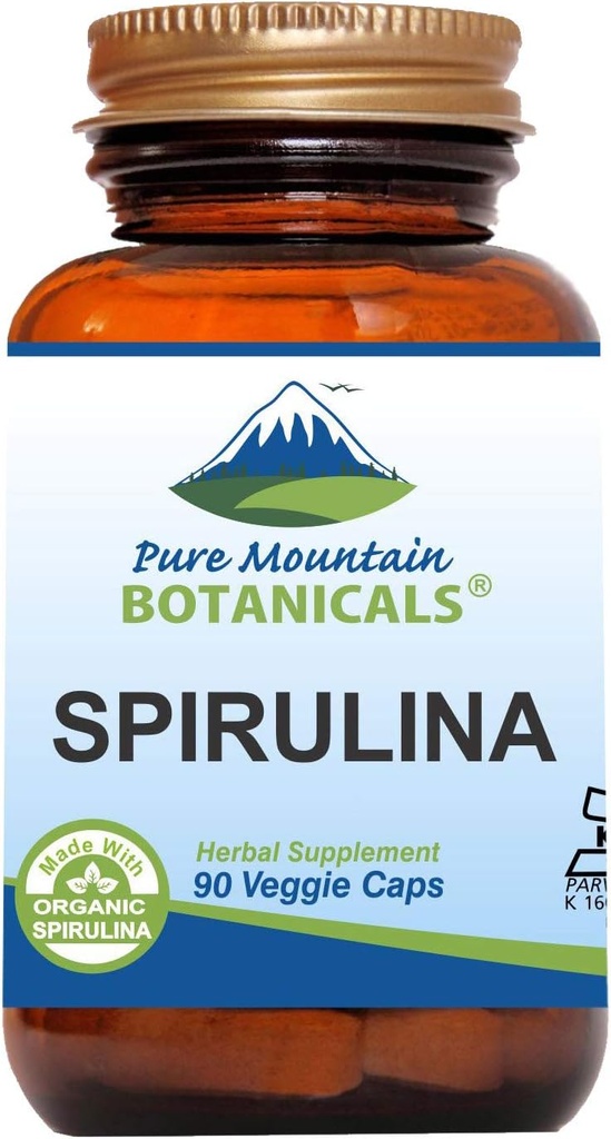 Pure Mountain Botanicals Spirulina Capsules - 90 Kosher Vegan Caps - Now with 450mg Organic Spirulina Powder - Nature's Superfood Supplement