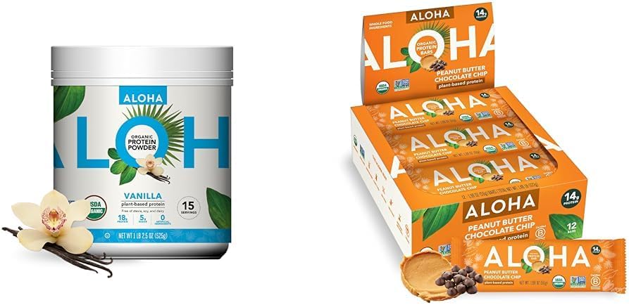 ALOHA有機植物ベースのプロテインパウダーバニラ19.6oz、プロテインバーピーナッツバターチョコレートチップ12束の1.98ozパック
