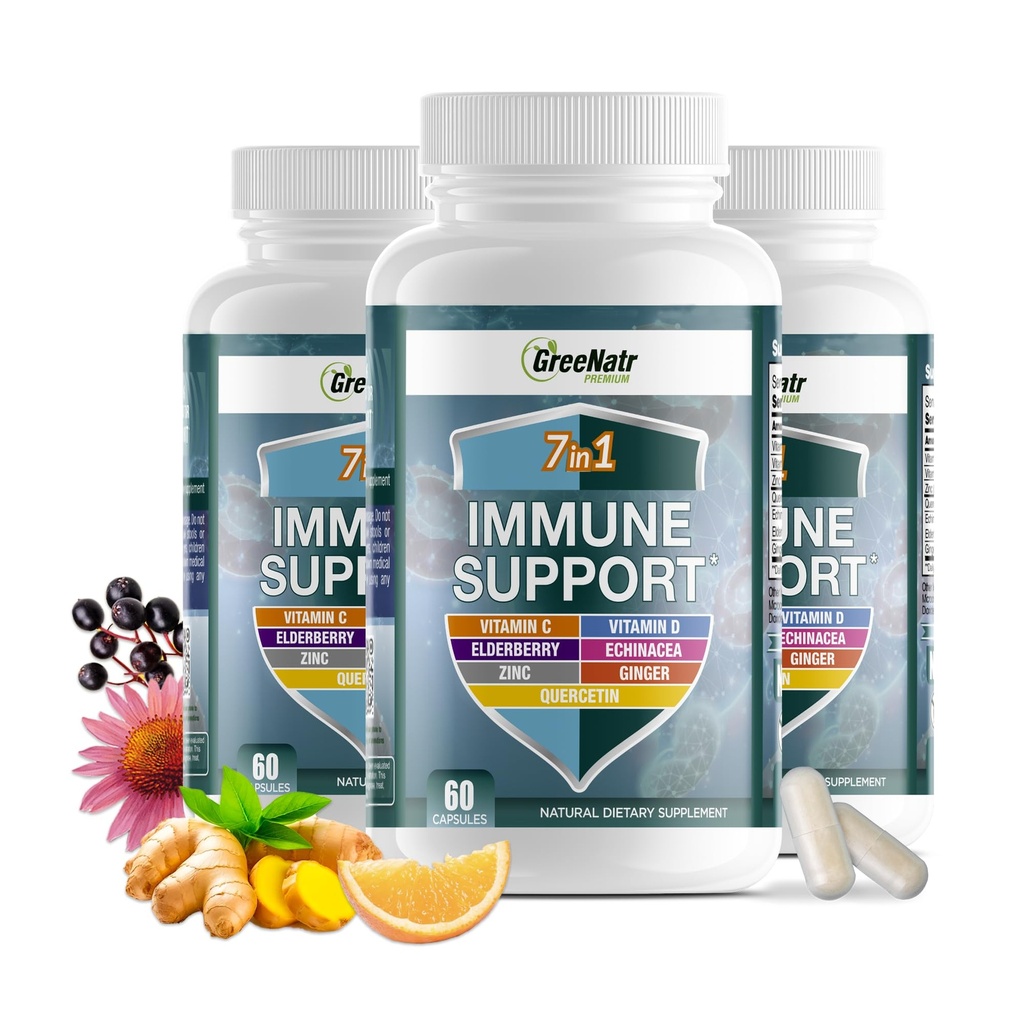 GreeNatr免疫サポートサプリメントビタミンC、D3、亜鉛50mg、ケルセチン、エキナセアPurpurea、Sambucus Elderberry、完全免疫防衛のためのジンジャー - 60カプセル(3ボトル)