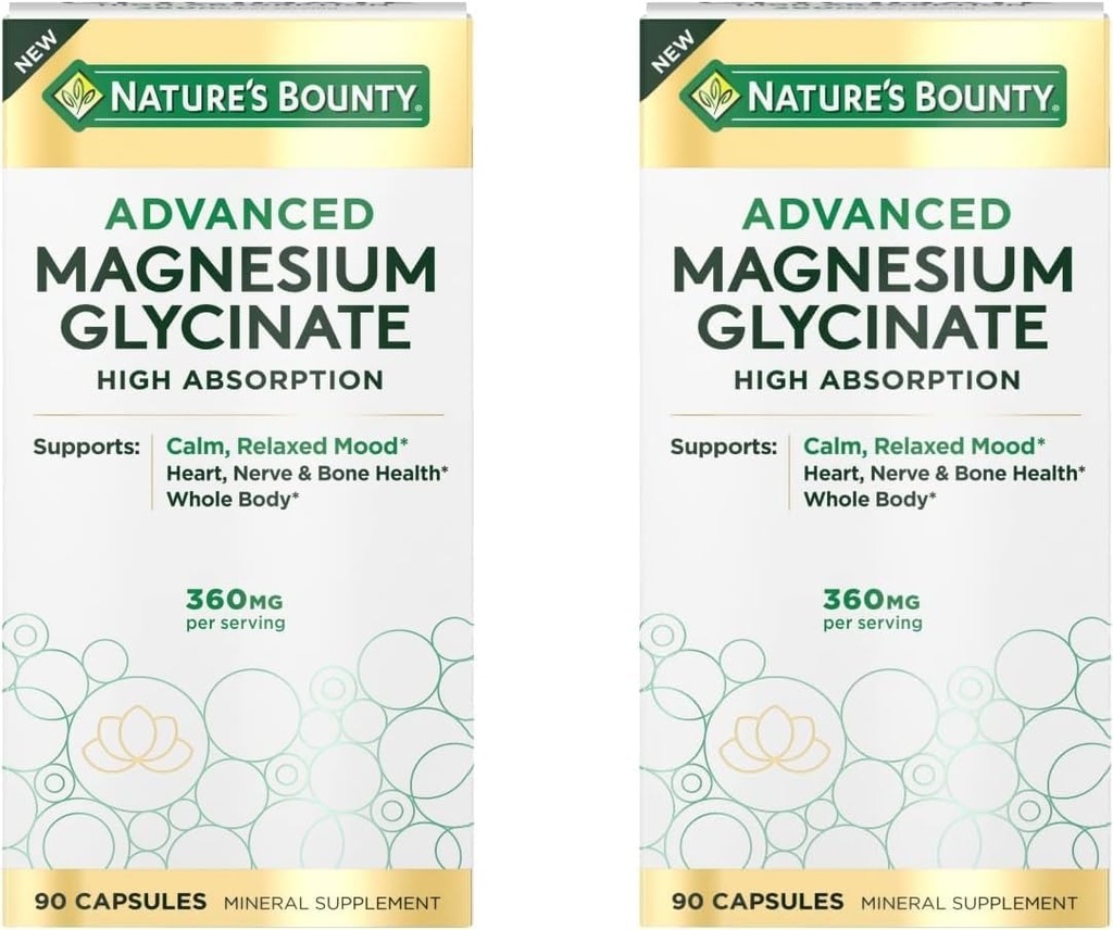 Nature's Bounty 高吸収マグネシウムグリシナート、Calmをサポート&リラックスした気分、心、神経、筋肉&骨の健康サポート、90カプセル(2パック)