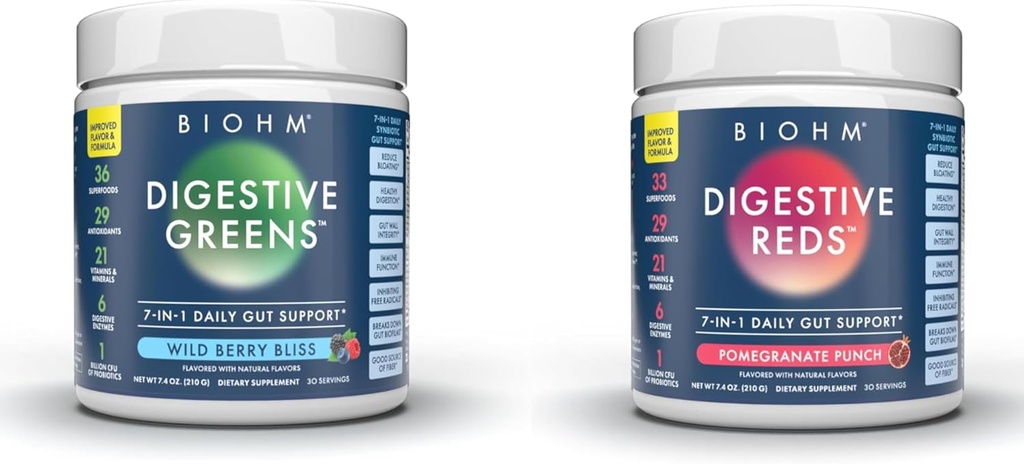 BIOHMエッセンシャルバンドル、消化赤と緑、スーパーフードパウダー、抗酸化剤、ビタミン、プロバイオティクス、男性と女性のための消化の健康、酵素と消化サプリメント、30はそれぞれに役立ちます