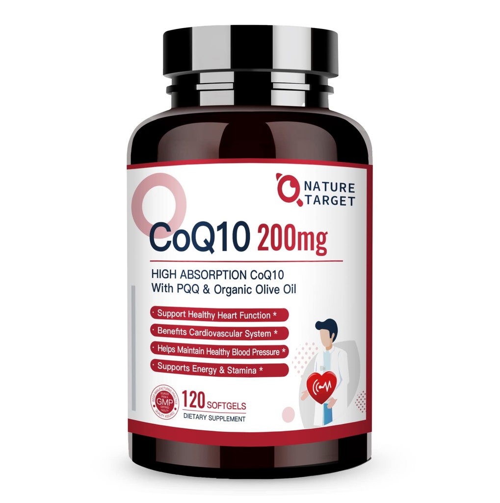 NATURE TARGET CoQ10-200mg-Softgels + PQQQ 有機Olive-Oil - 高吸収-Coenzyme-Q10 - 抗酸化剤-for-Heart-Healthと免疫サポート、エネルギー生産、120 サービング