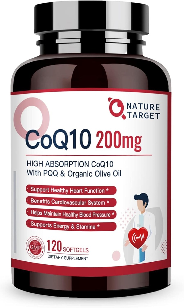 NATURE TARGET CoQ10-200mg-Softgels + PQQQQ 有機Olive-Oil - 高吸収-Coenzyme-Q10 - 抗酸化-for-Heart-Healthと免疫サポート、エネルギー生産、120 サービング