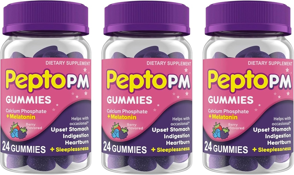 睡眠サポートのためのMelatoninとPepto PMグミー, ハーバーンからの迅速かつ効果的な消化の救済, アップセットの胃と眠りのない - ベリー風味, 24 Ct (パック 3)
