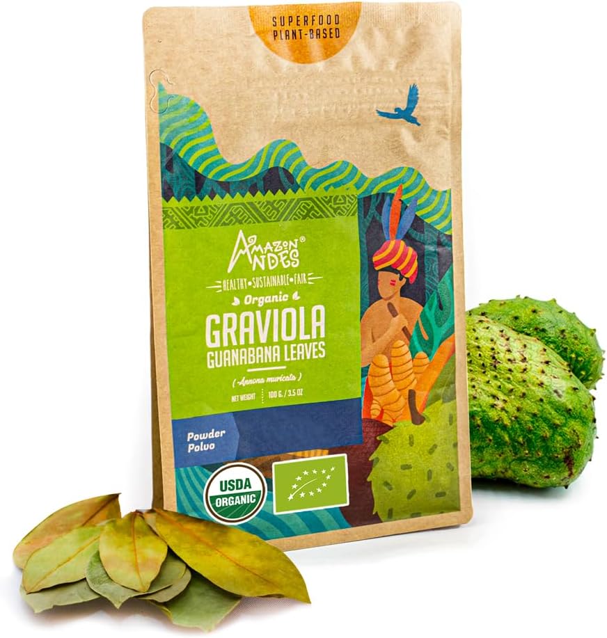 Andes Graviola Leaves Powder Anonna muricata - ビタミンCと繊維が豊富 - 免疫システム興奮剤 - USDA NOPサプリメント - サルソップ - グルテンフリー、ヴィーガン、非GMO - 100gm / 3.5oz (20 サービング)