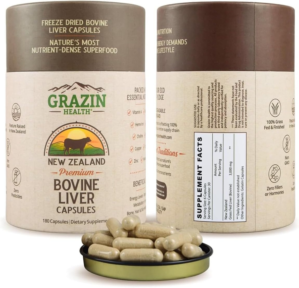 Grass Fed Beef Liver from New Zealand - Freeze Dried 3000mg per Serving (500mg per Capsule) (30 Servings)