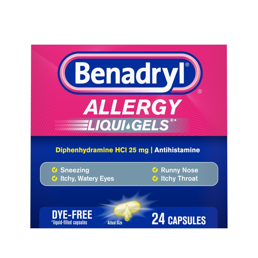 Benadryl Liqui-Gelsのアレルギーの薬、Diphenhydramineの25のmgの染料なしの液体のゲルのカプセルHClのアレルギーの救助のためのAntihistamine及びランニーの鼻及びSneezingのような風邪の症状、24のct