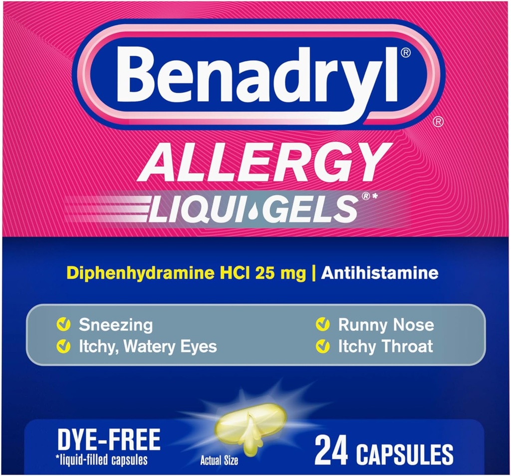 Benadryl Liqui-Gelsのアレルギーの薬、Diphenhydramineの25のmgの染料なしの液体のゲルのカプセルHClのアレルギーの救助のためのAntihistamine及びランニーの鼻及びSneezingのような風邪の症状、24のct