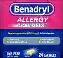 Benadryl Liqui-Gelsのアレルギーの薬、Diphenhydramineの25のmgの染料なしの液体のゲルのカプセルHClのアレルギーの救助のためのAntihistamine及びランニーの鼻及びSneezingのような風邪の症状、24のct