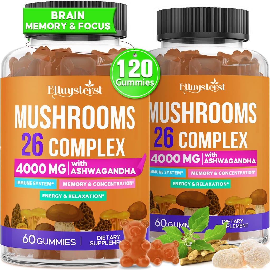 大人4000mgのためのきのこのグミー、記憶のための頭脳の補足および焦点、Ashwagandha及びライオンのマネ、トルコの尾、Reishi、Cordyceps、有機、120の計算が付いている1つのきのこの補足のコンプレックスの26