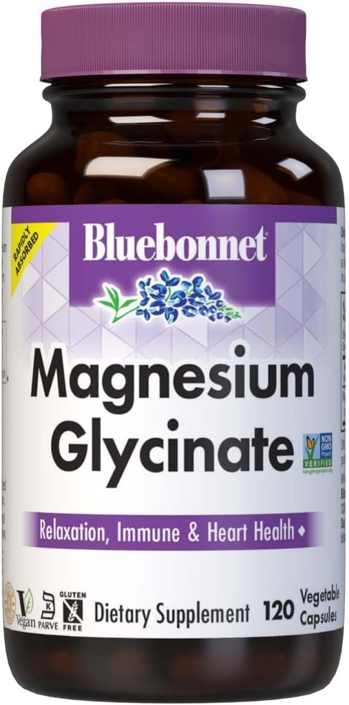 Bluebonnet Nutrition Magnesium Glycinate 400mg Maximum Absorption Mineral Complex Supports Energy Production & Enzyme Function - Non-GMO, Soy-Free, Gluten-Free - 120 Veggie Capsules