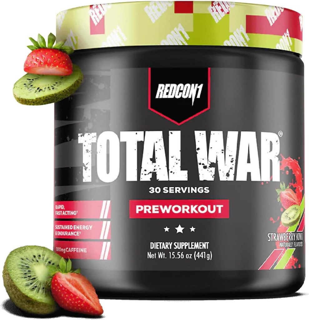 REDCON1 Total War Pre Workout, Strawberry Kiwi - L Citrulline, Malic Acid, Green Tea Leaf Extract for Pump Boosting Pre Workout for Women & Men - 3.2g Beta Alanine to Reduce Exhaustion (30 Servings)