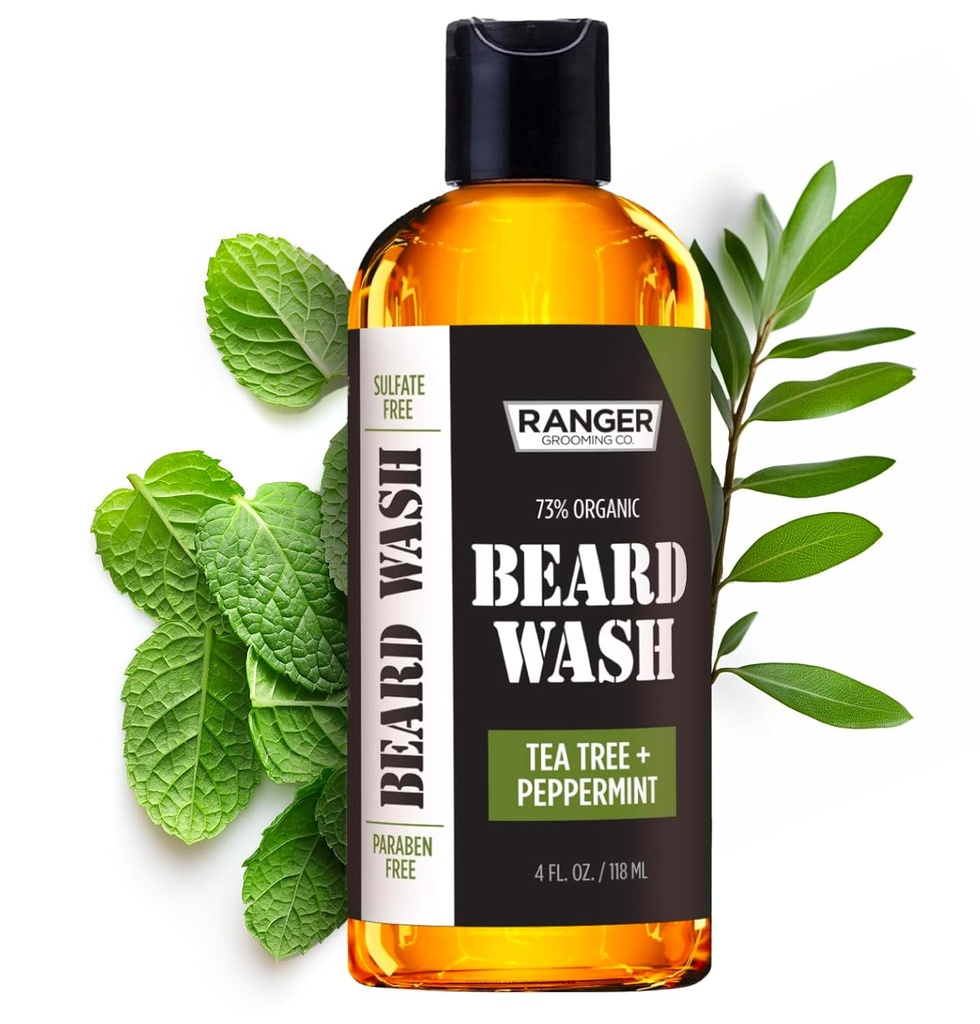 Leven Rose Beard Wash シャンプー バイ Ranger Grooming Co, 硫酸塩 無料 ナチュラル ベアード クリーナー & コンディショナー のために 男性, ティーツリー & 成長のためのペパーミント & 増粘, パラベン 無料 4 oz