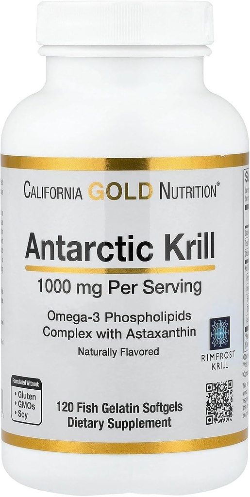 California Gold Nutrition Antarctic Krill Oil, Omega-3 Phospholipids with Naturally Occurring Astaxanthin, Natural Strawberry & Lemon Flavor, Non GMO, 1,000 mg, 120 Fish Gelatin Softgels