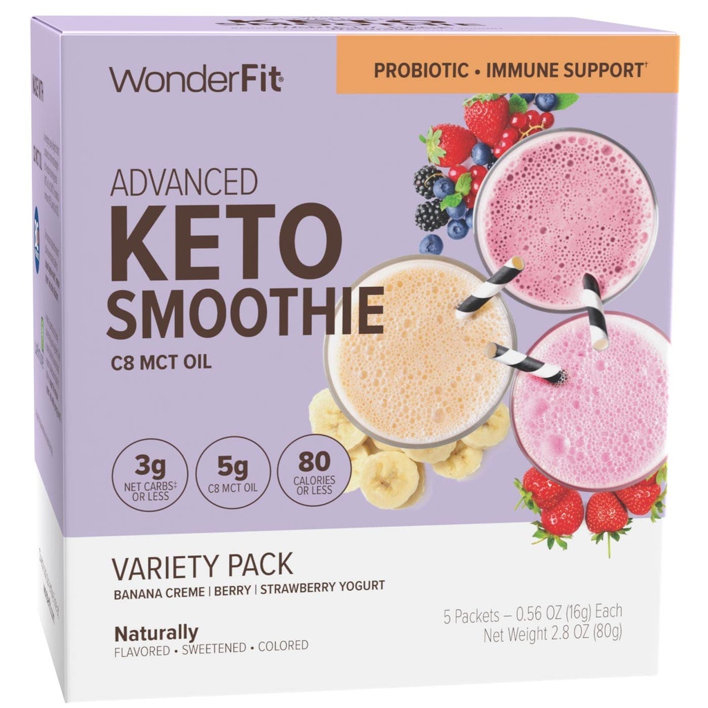 WonderFit by WonderSlim Keto Smoothie with C8 MCT オイル, バラエティパック, 1-3gネットカーブ, グルテンフリー, プロバイオティクス&免疫サポート (5ct)