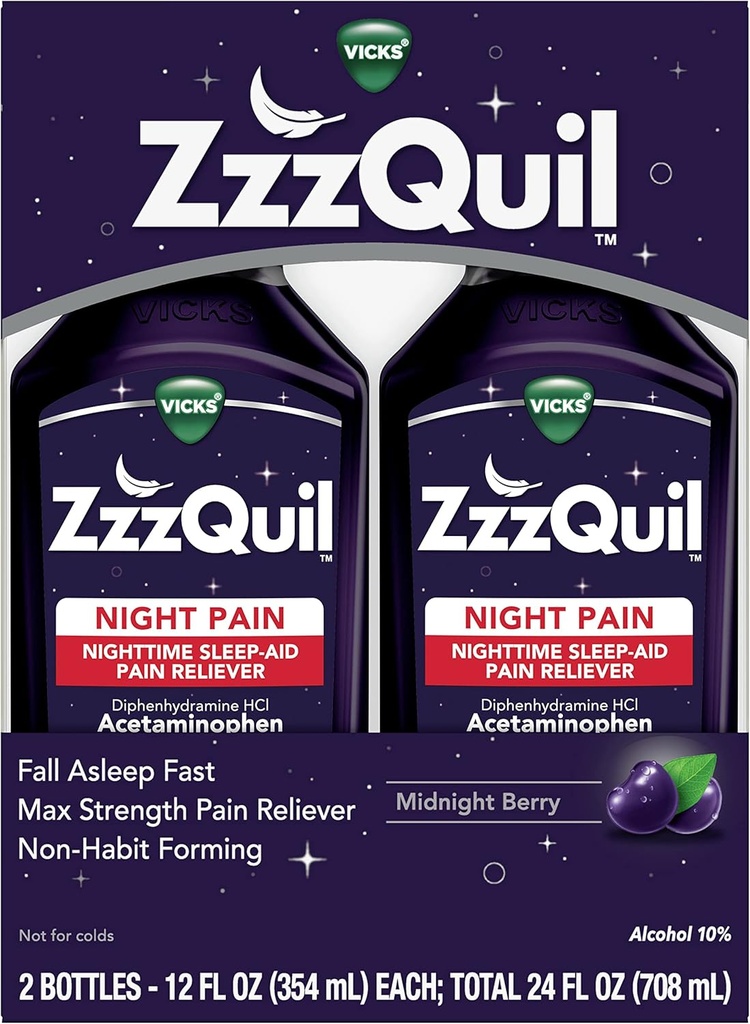 ZzzQuilの液体、最高の強さの痛みのRelieverの夜間睡眠の援助の液体、アセトアミノフェン1000mg、Diphenhydramine 50mg HCIの非習慣の形成、深夜ベリーの味付け、2のパック、24のFLのOZ