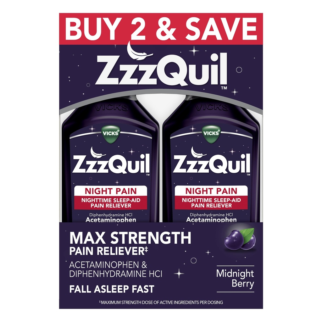 ZzzQuilの液体、最高の強さの痛みのRelieverの夜間睡眠の援助の液体、アセトアミノフェン1000mg、Diphenhydramine 50mg HCIの非習慣の形成、深夜ベリーの味付け、2のパック、24のFLのOZ