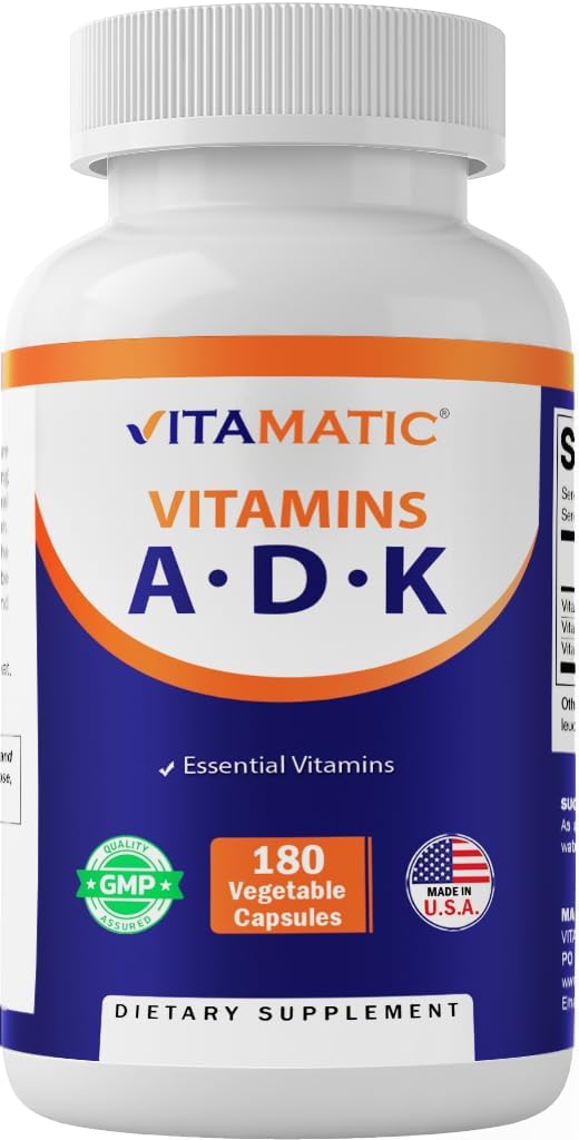 Vitamatic ADKのビタミンの補足、180の野菜のカプセル、Boneの健康のための高い効力のビタミンA、D3、K2、カルシウム吸収、非GMOのグルテンフリー