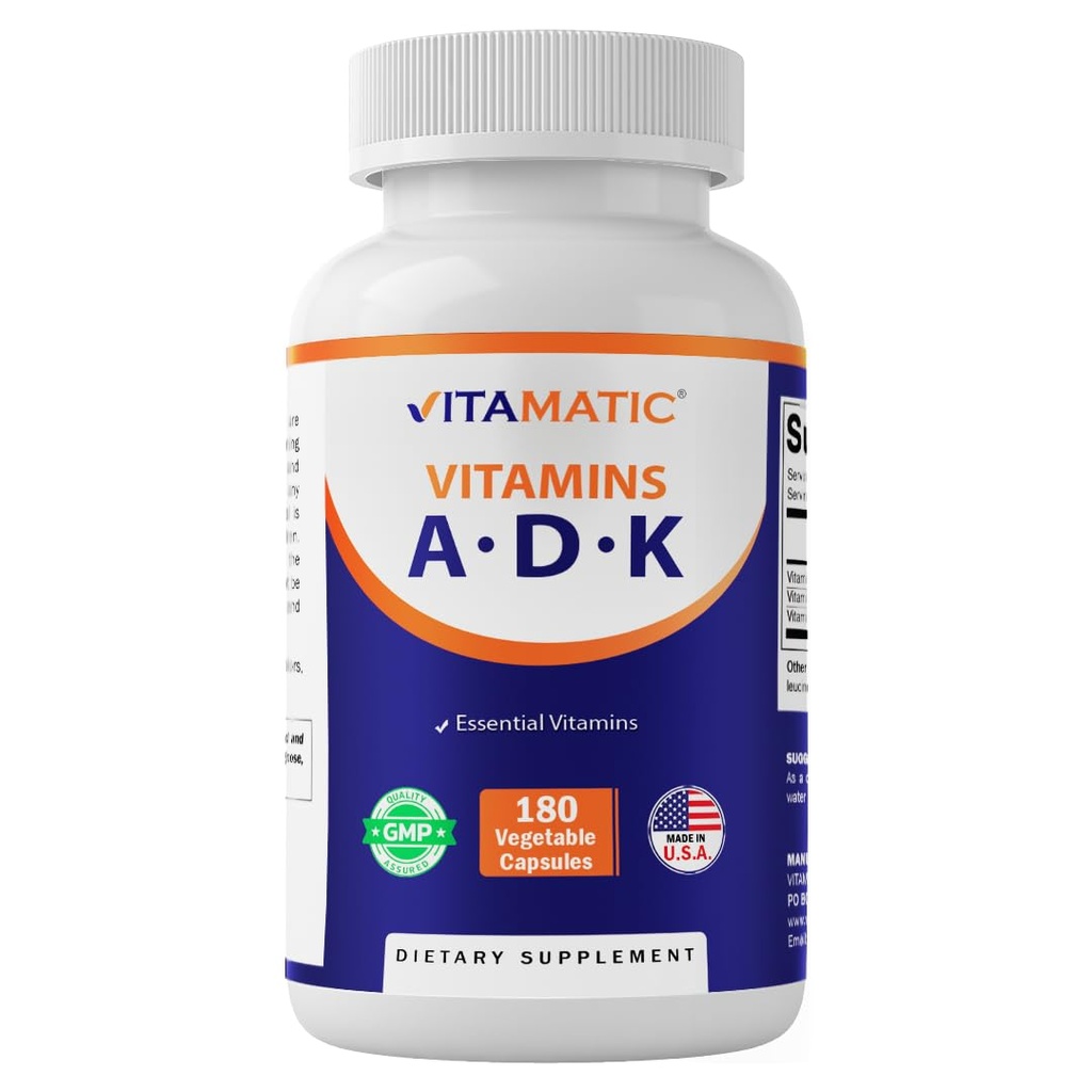 Vitamatic ADKのビタミンの補足、180の野菜のカプセル、Boneの健康のための高い効力のビタミンA、D3、K2、カルシウム吸収、非GMOのグルテンフリー