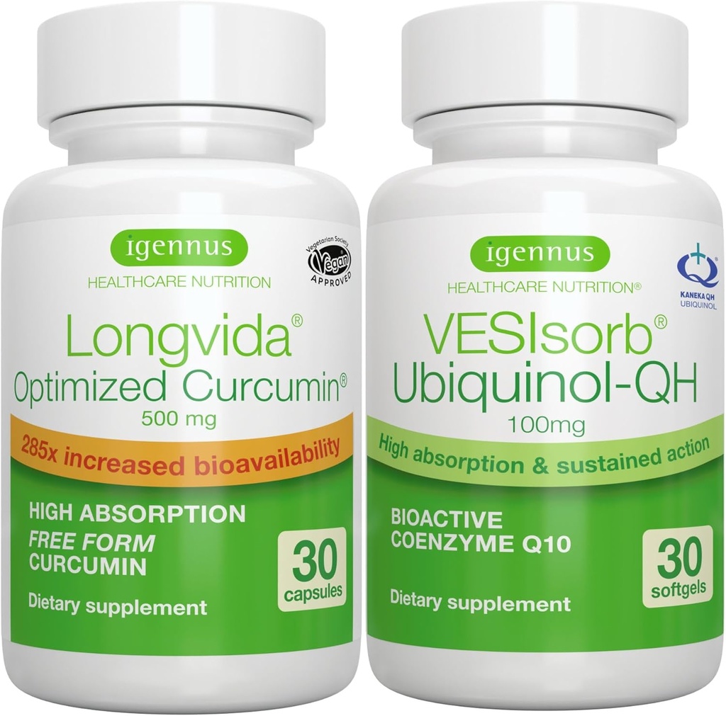 Longvidaのクルクミン500mg + VESIsorb Ubiquinol-QHの高度CoQ10 100mgの束、Bioavailableの超Bioavailable Curcumin及びIgennusによるFast行為のUbiquinol、