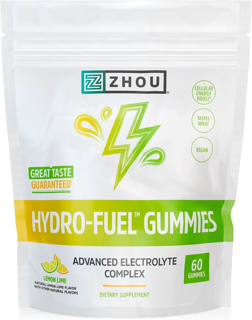 Zhou Hydro-Fuel Gummies - 電解質ガミー、ナトリウム、カリウム、マグネシウムのChewables、女性&男性のためのエネルギー&耐久性 - レモンライム、60ベジギーガミー