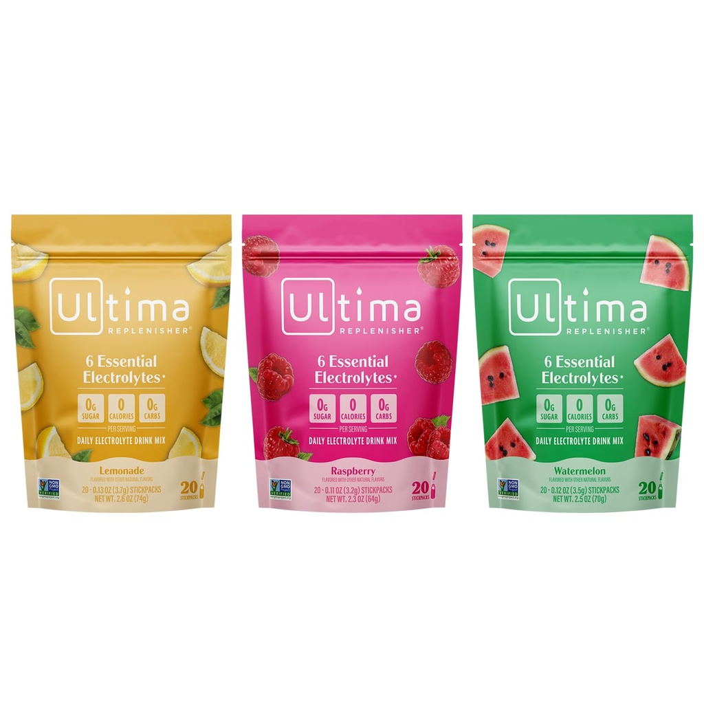 Ultima Replenisher Electrolyte パウダー ドリンク ミックス バンドル – 砂糖無料 – レモンードとラズベリーとウォーターメロン, 20 スティックパック – 6 電解液とミネラル – ケトフレンドリー, 完全菜食主義者の, GMO なし