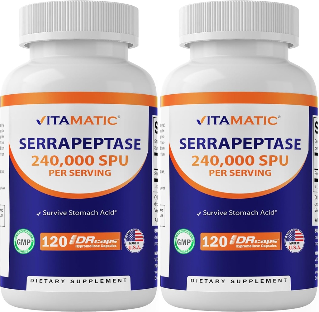 Vitamatic Serrapeptase 240,000 SPU Servings, 120 Delayed Released Capsules - Enteric Coated - Non-GMO- Made in The USA (120 Count (Pack of 2))