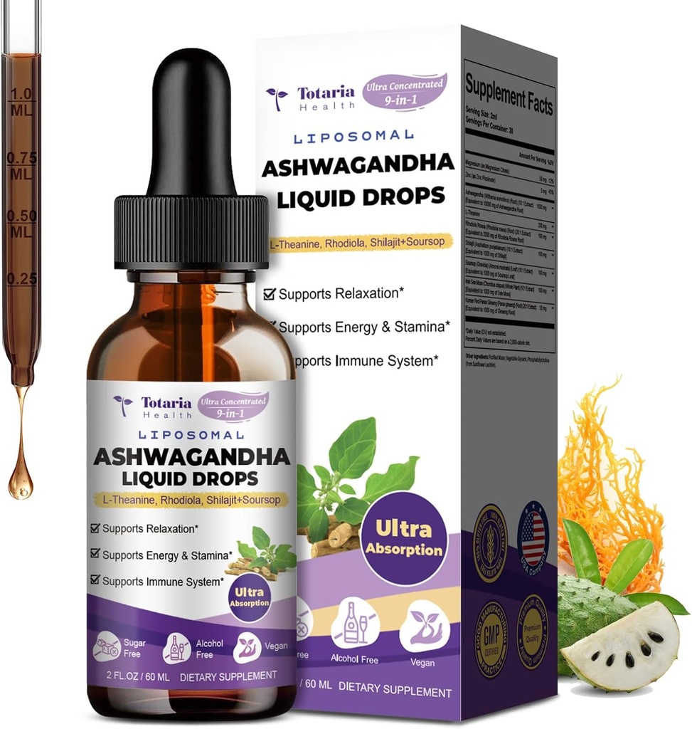 Totaria Liposomal Ashwagandhaの液体の低下、Silajit、Ginseng、マグネシウム、Soursop、L-Theanine、60mlの超強さのashwaの根のエキスの補足