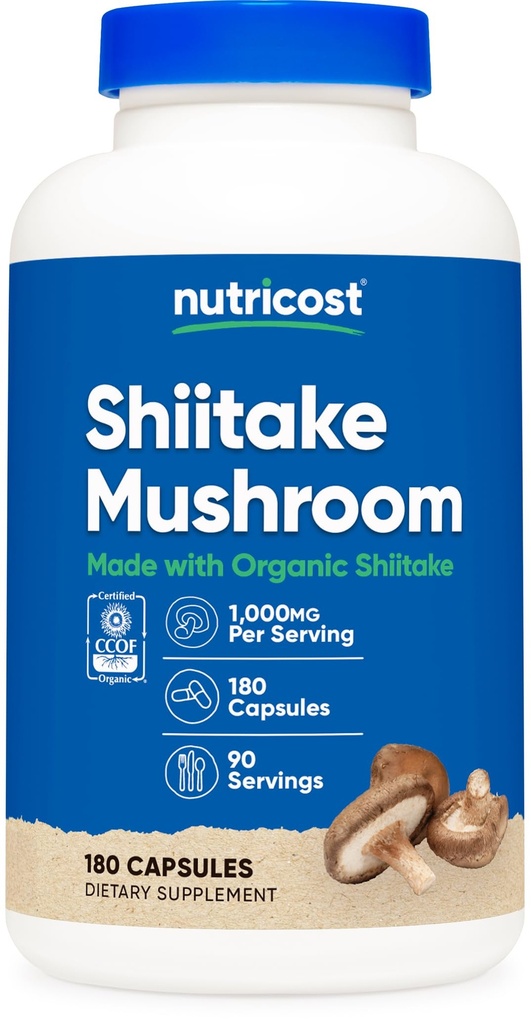 Nutricost有機椎茸カプセル1000mg、90サービング - オーガニックベジタリアン、グルテンフリー、カプセルあたり500mg、180カプセルで作られたCCOF認定